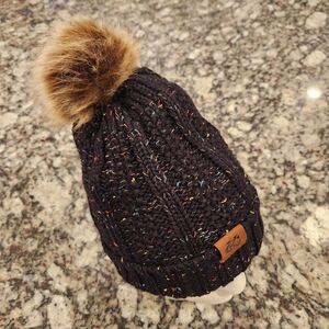 Knit with Confetti Sherpa Lined Black Beanie Hat With Pom NWOT